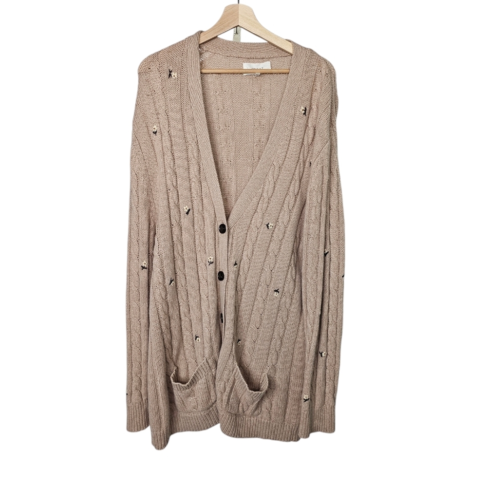 The Great  Embroidered Wool Cashmere Knit Cardigan Oatmeal Long Size 1 US Small - Picture 3 of 11